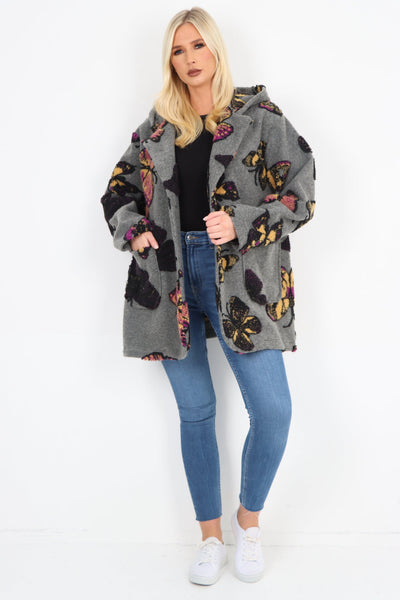 Butterfly Print Button Hooded Front Pockets Coat