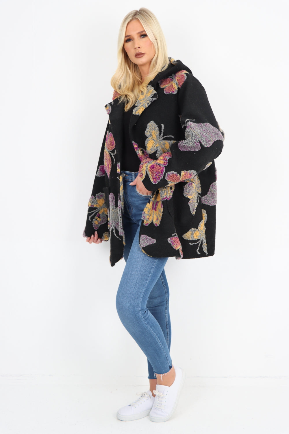 Butterfly Print Button Hooded Front Pockets Coat