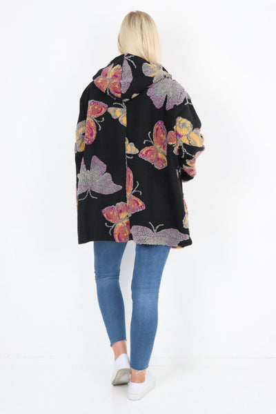 Butterfly Print Button Hooded Front Pockets Coat