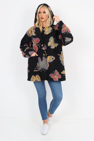 Butterfly Print Button Hooded Front Pockets Coat