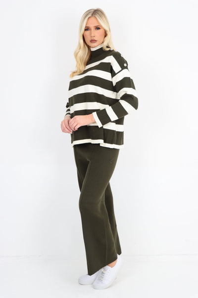 Button Detail Shoulder Stripe Pattern Top and Trouser Co - Ord Set