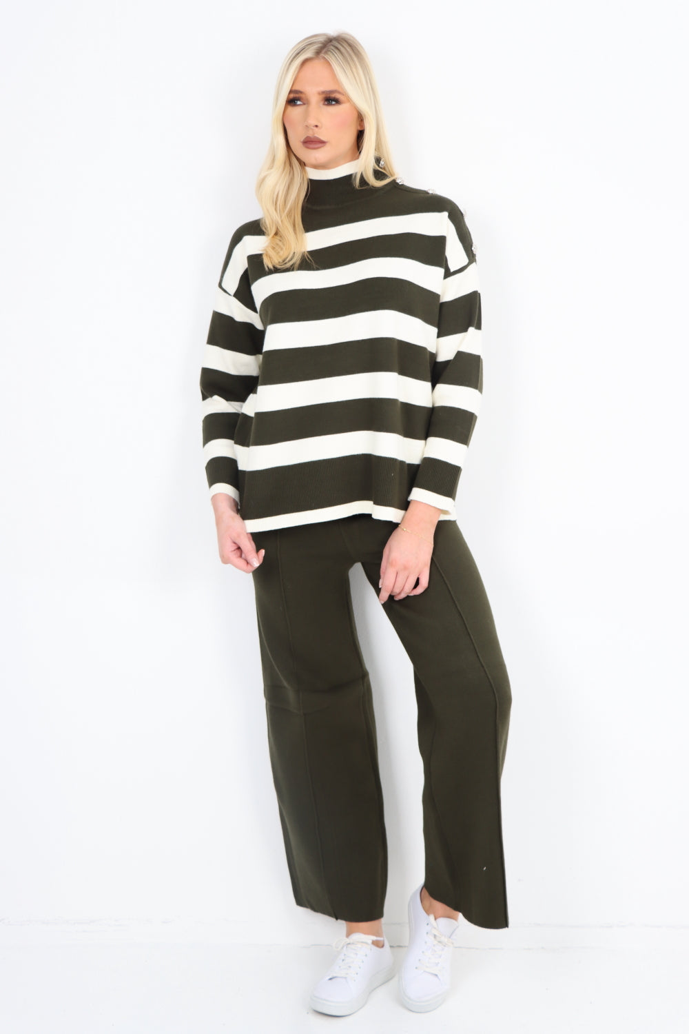 Button Detail Shoulder Stripe Pattern Top and Trouser Co - Ord Set