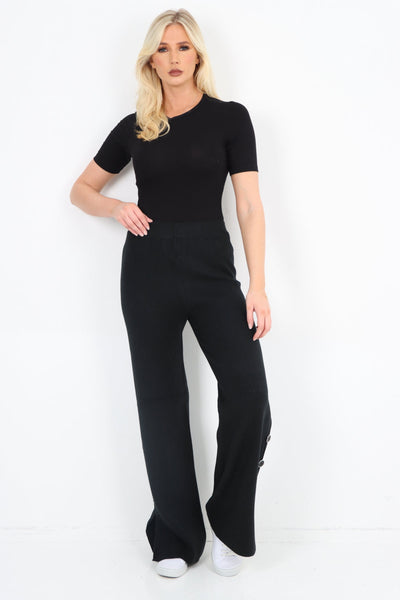 High Waist Button Detail Wide Leg Soft Knit Trouser