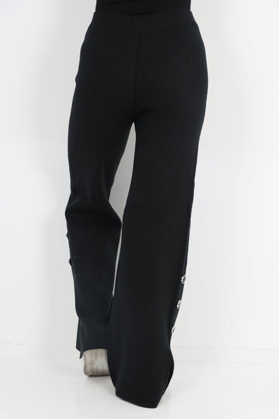 High Waist Button Detail Wide Leg Soft Knit Trouser