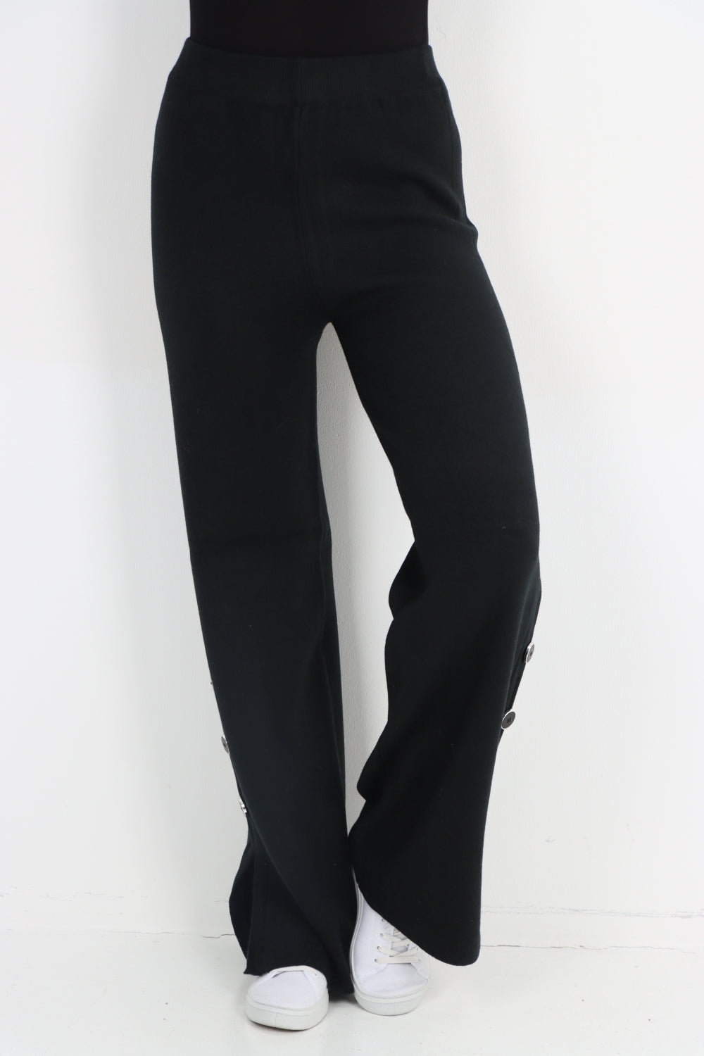 High Waist Button Detail Wide Leg Soft Knit Trouser