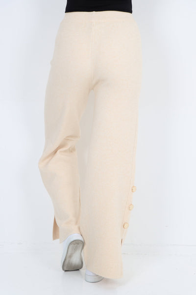 High Waist Button Detail Wide Leg Soft Knit Trouser