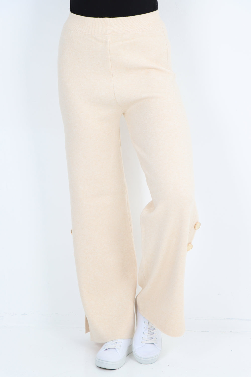 High Waist Button Detail Wide Leg Soft Knit Trouser