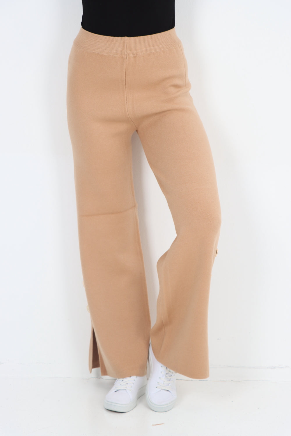 High Waist Button Detail Wide Leg Soft Knit Trouser