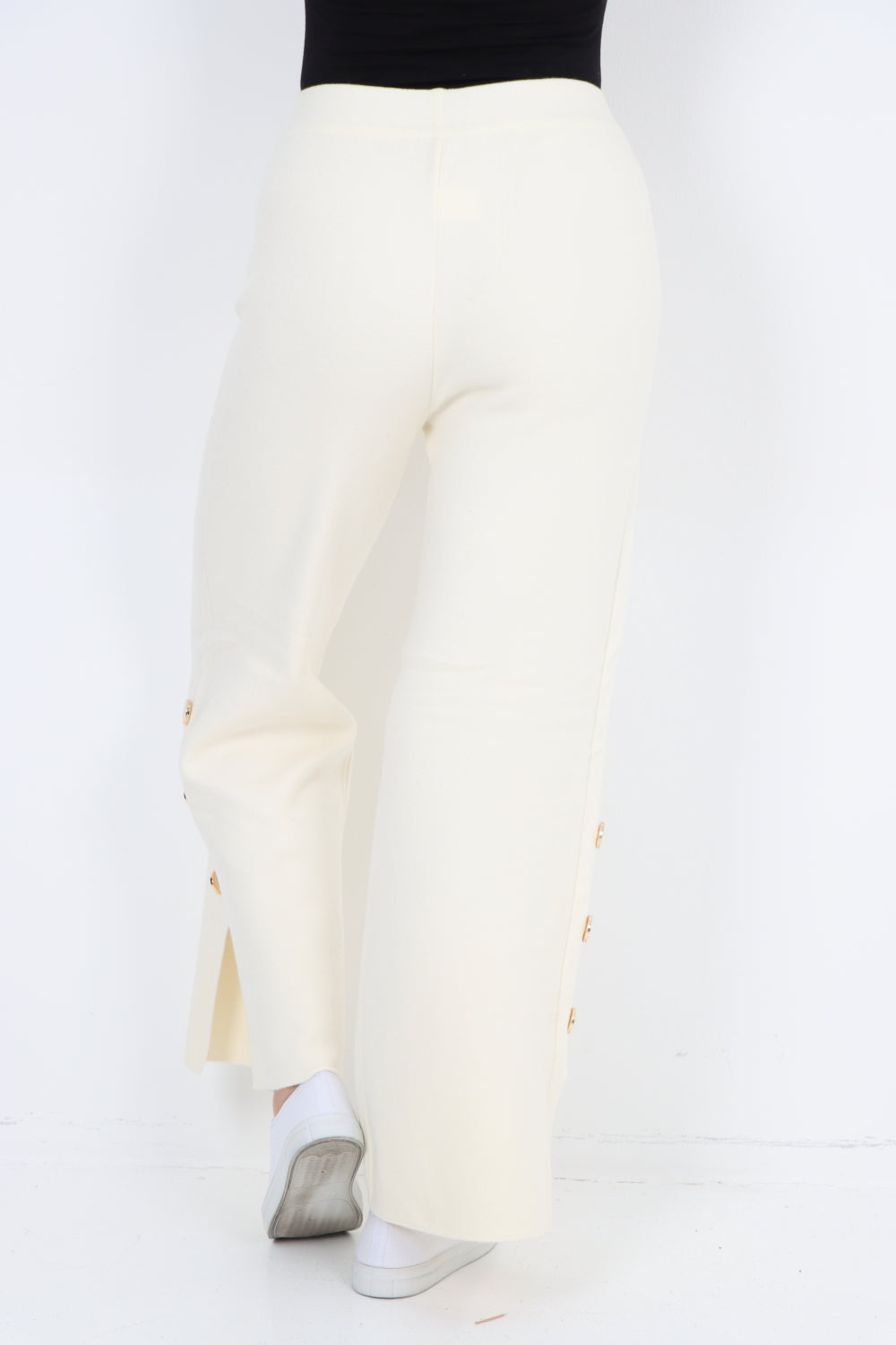 High Waist Button Detail Wide Leg Soft Knit Trouser