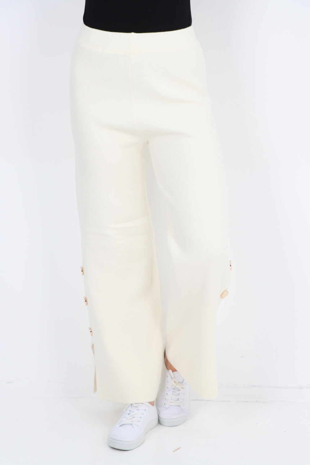 High Waist Button Detail Wide Leg Soft Knit Trouser