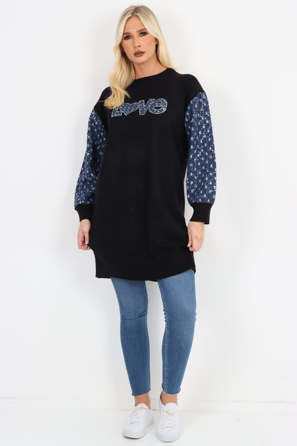 Love Print Denim Sequin Detail Long sleeve Knitted Tunic Top