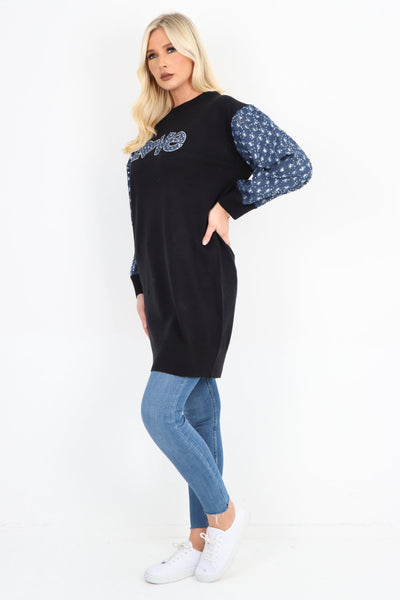 Love Print Denim Sequin Detail Long sleeve Knitted Tunic Top