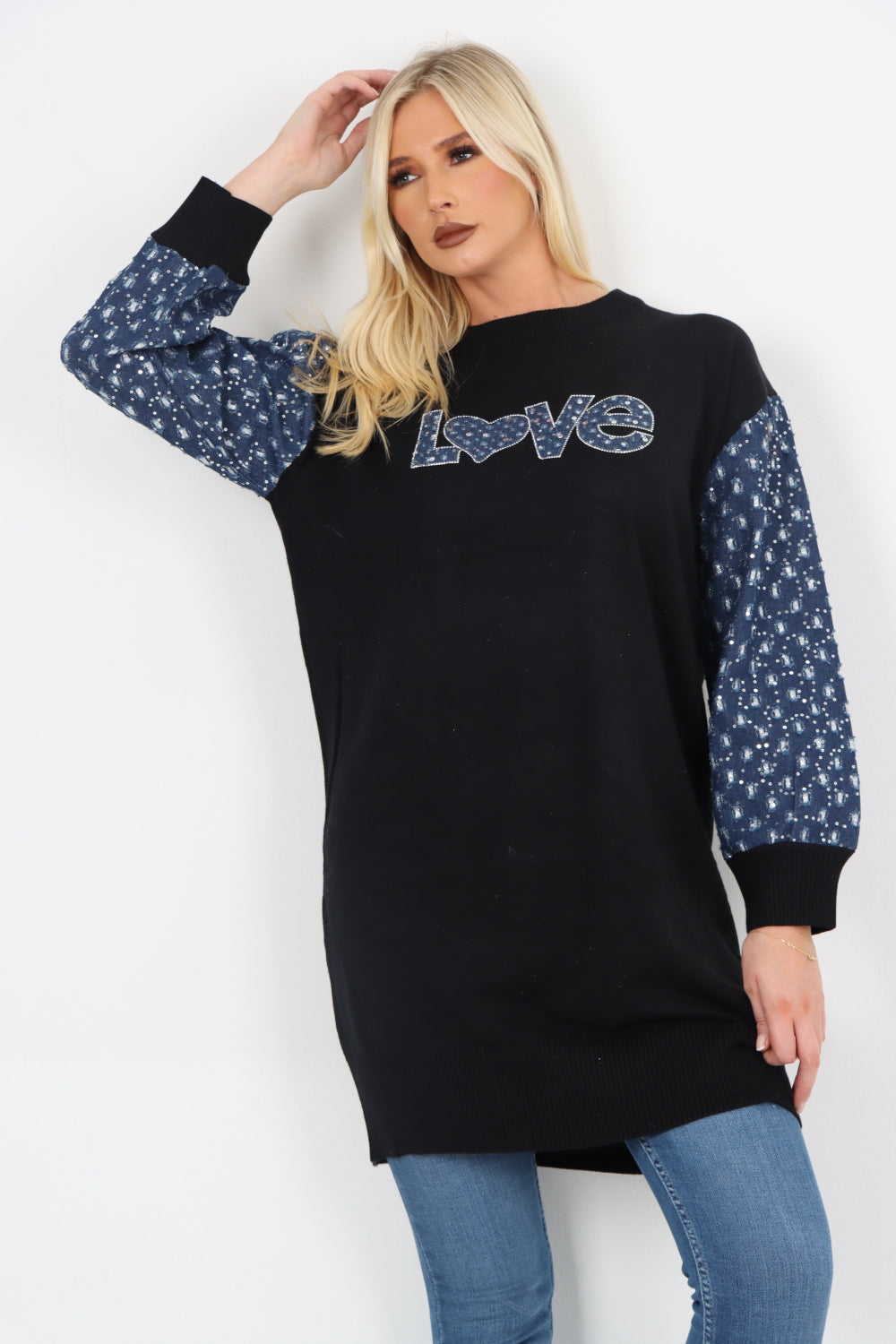 Love Print Denim Sequin Detail Long sleeve Knitted Tunic Top