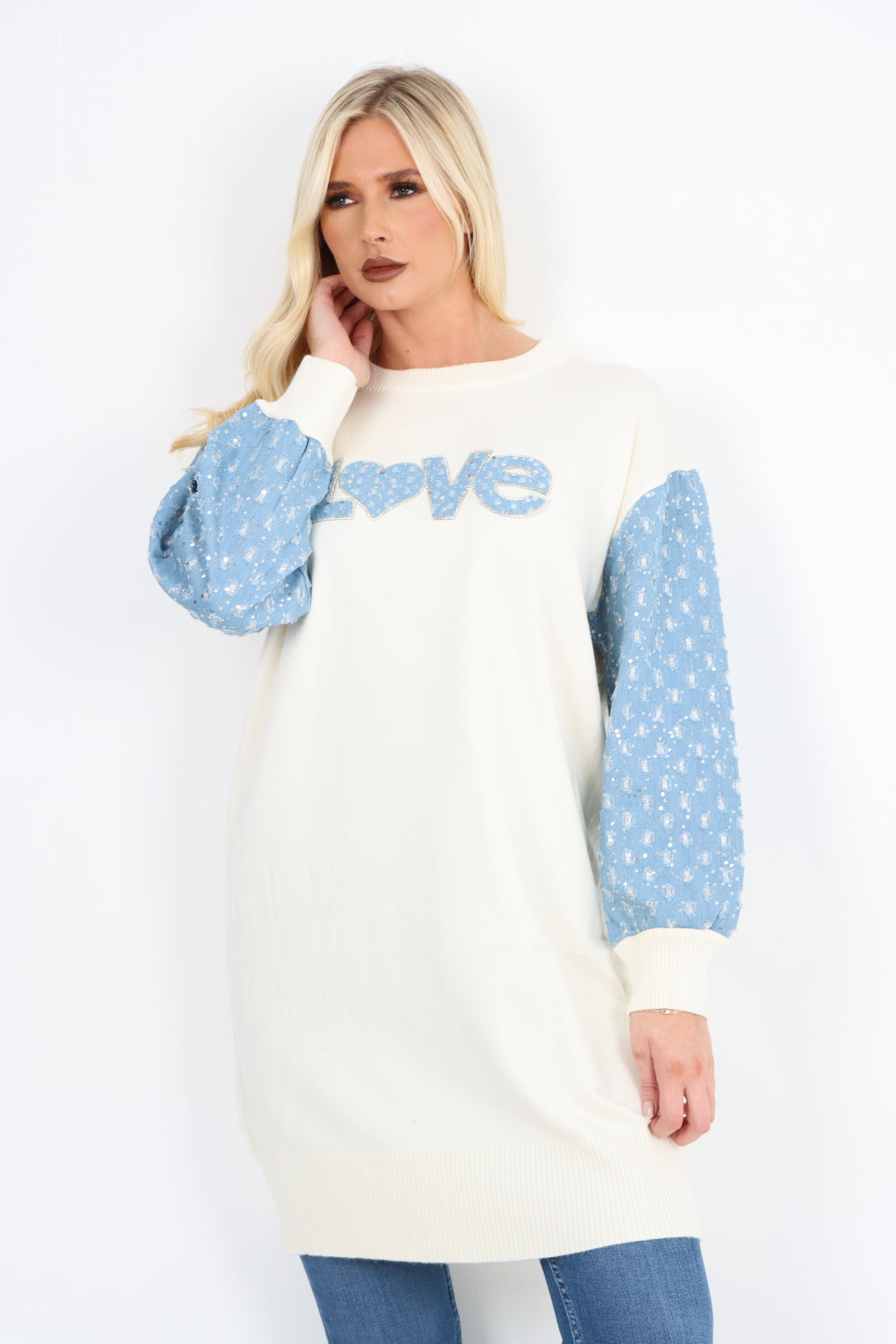 Love Print Denim Sequin Detail Long sleeve Knitted Tunic Top