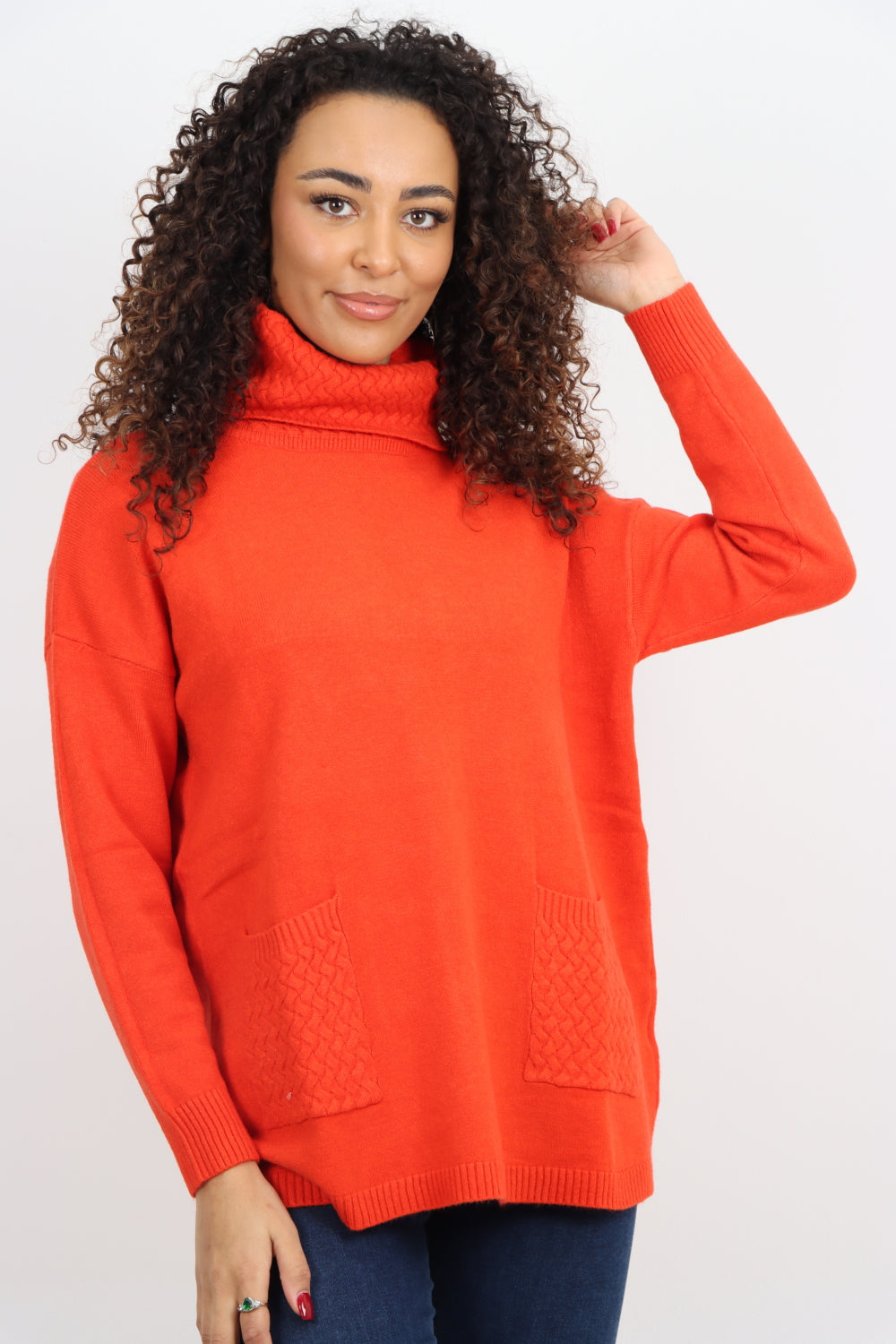 Cowl Neck Ribbed Hem Wave Long sleeve Jumper Top