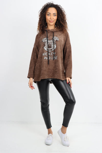 Mickey Print Corduroy Hooded Long sleeve Tunic Top