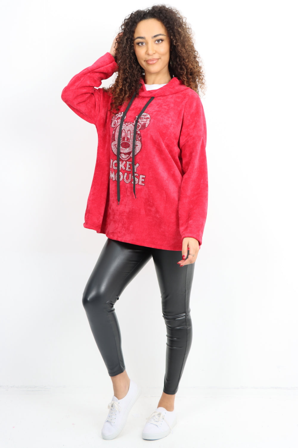 Mickey Print Corduroy Hooded Long sleeve Tunic Top