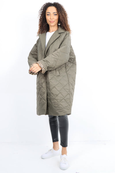 Leopard Lined Quilted Padded Longline Jacket