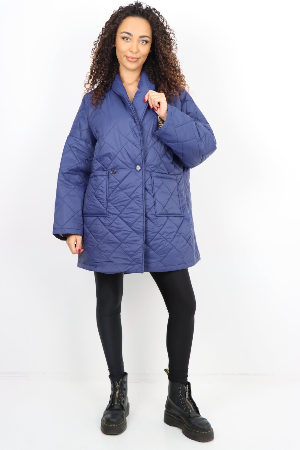 Leopard Lined Quilted Padded Front Pockets Jacket