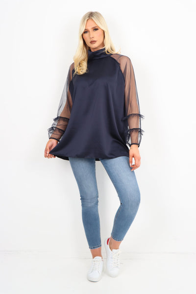 Frill Mesh Net Sleeve High Neck Satin Top