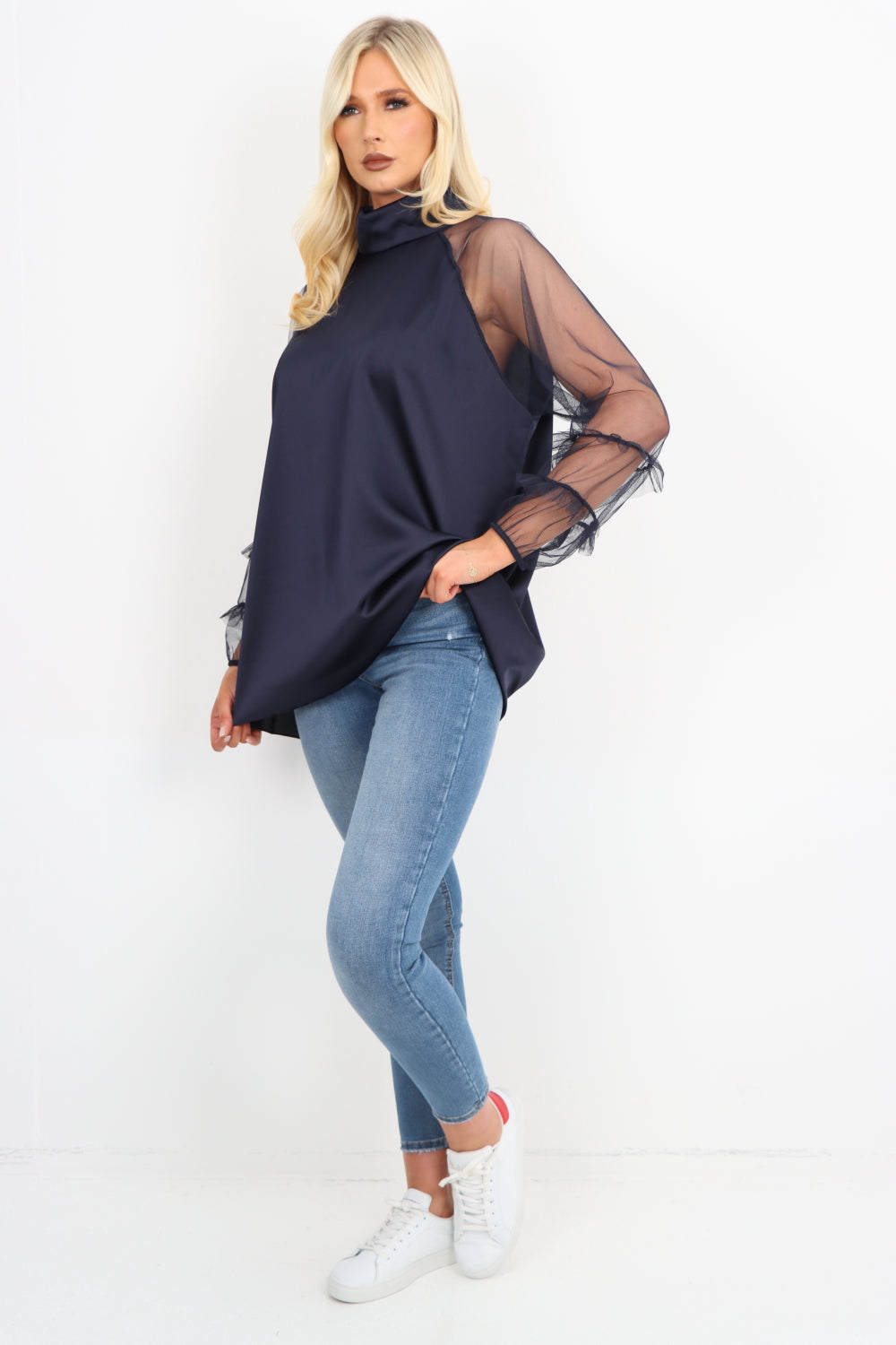 Frill Mesh Net Sleeve High Neck Satin Top