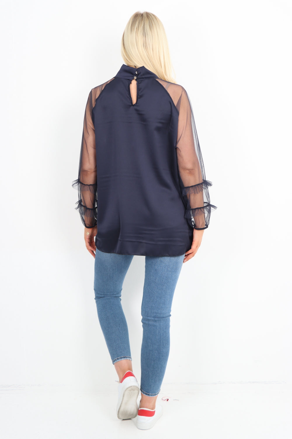 Frill Mesh Net Sleeve High Neck Satin Top