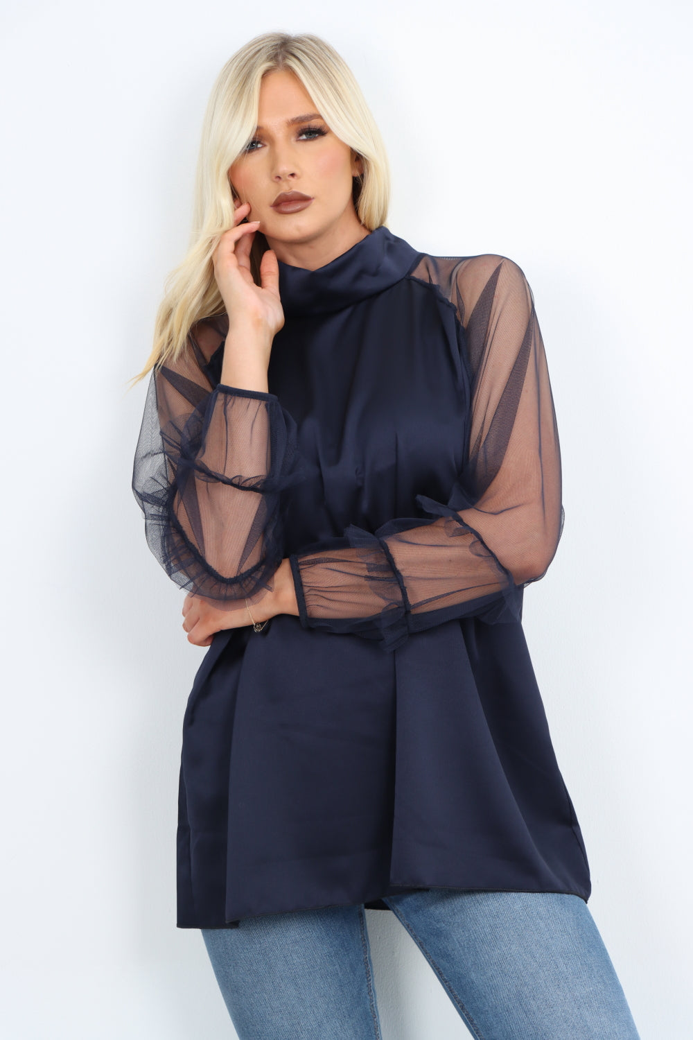 Frill Mesh Net Sleeve High Neck Satin Top