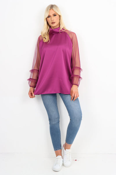 Frill Mesh Net Sleeve High Neck Satin Top