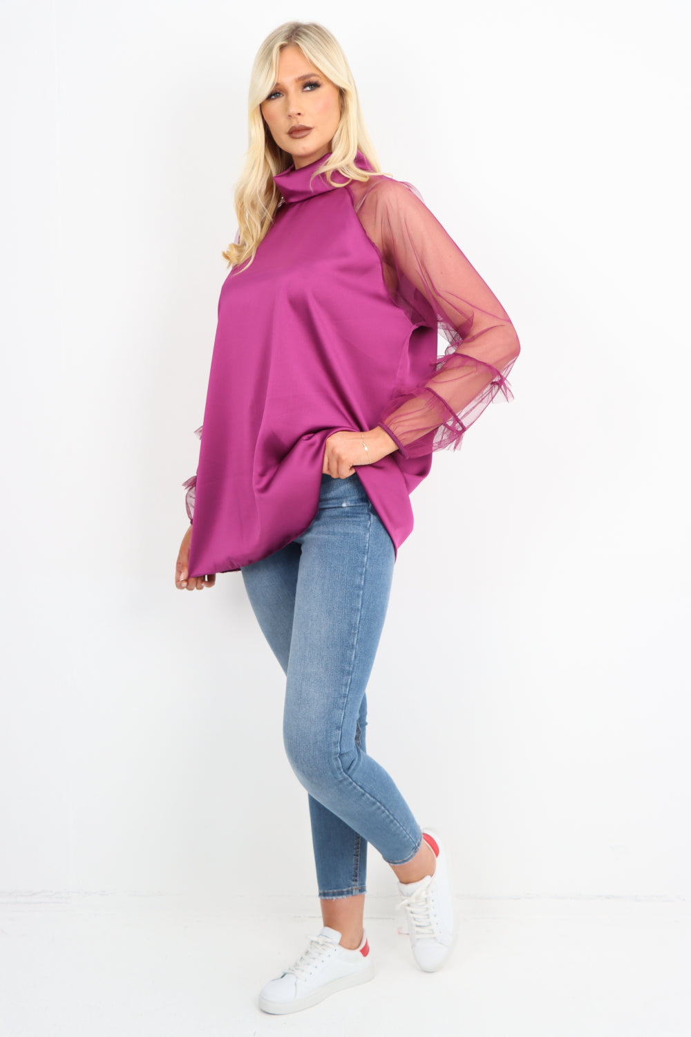 Frill Mesh Net Sleeve High Neck Satin Top