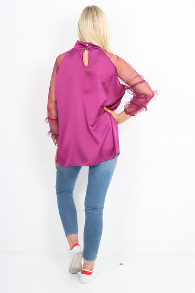 Frill Mesh Net Sleeve High Neck Satin Top