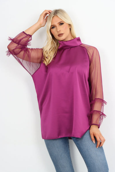 Frill Mesh Net Sleeve High Neck Satin Top