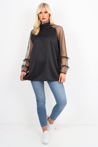 Frill Mesh Net Sleeve High Neck Satin Top