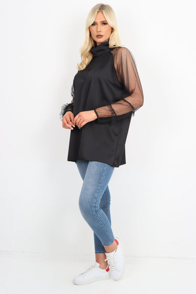 Frill Mesh Net Sleeve High Neck Satin Top