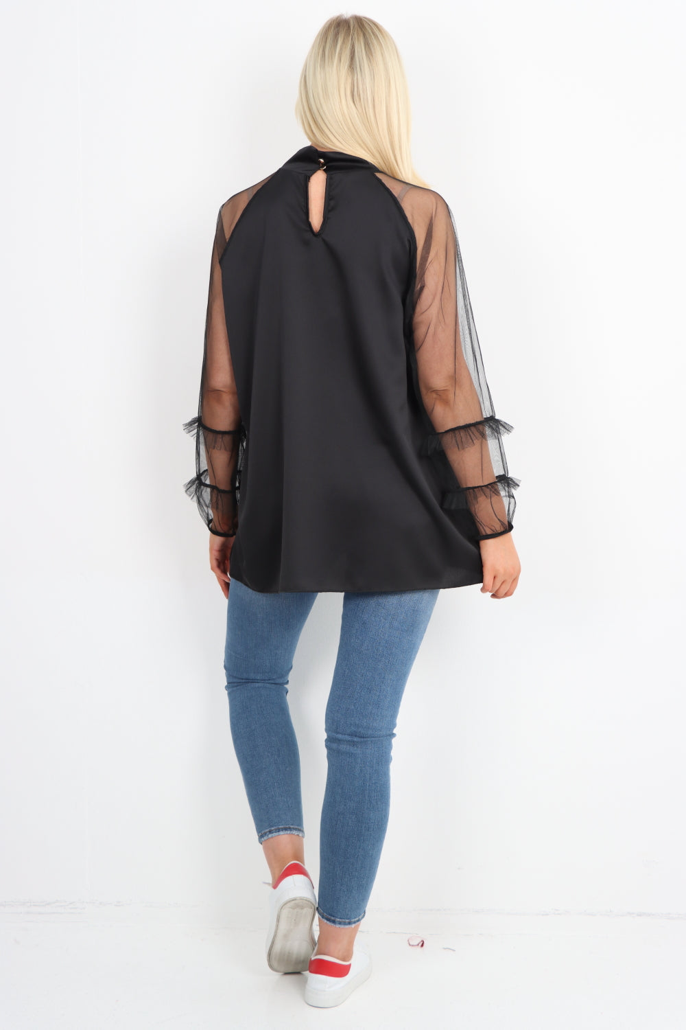 Frill Mesh Net Sleeve High Neck Satin Top