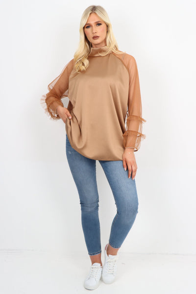 Frill Mesh Net Sleeve High Neck Satin Top