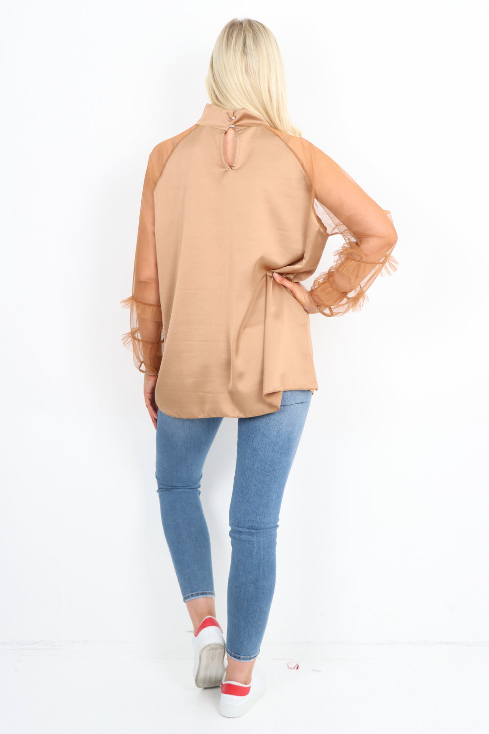 Frill Mesh Net Sleeve High Neck Satin Top