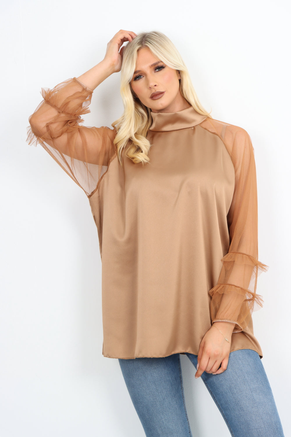 Frill Mesh Net Sleeve High Neck Satin Top