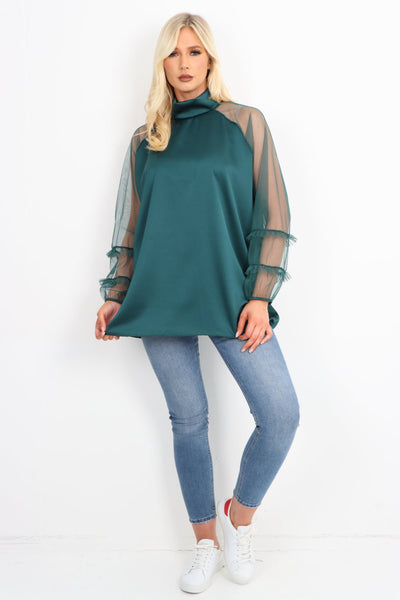 Frill Mesh Net Sleeve High Neck Satin Top