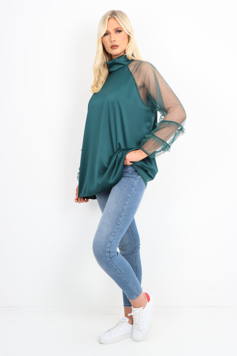 Frill Mesh Net Sleeve High Neck Satin Top