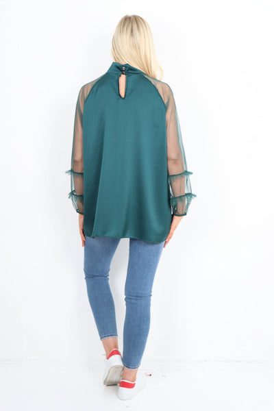 Frill Mesh Net Sleeve High Neck Satin Top