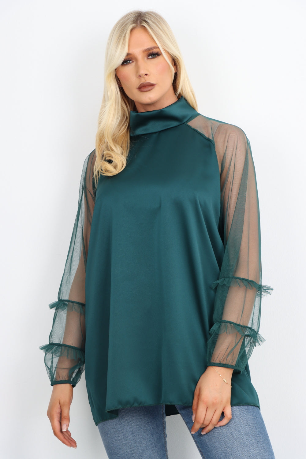 Frill Mesh Net Sleeve High Neck Satin Top