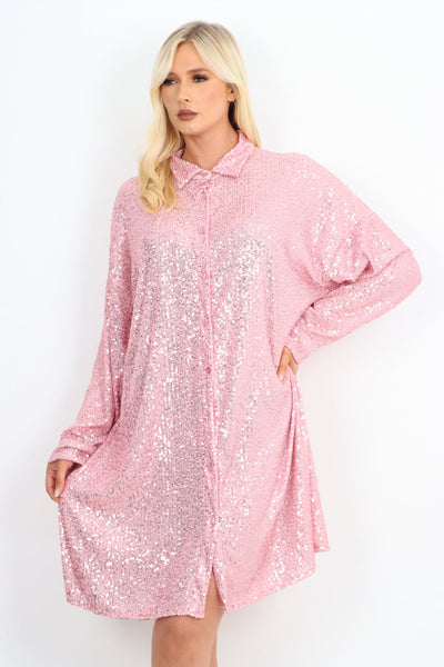 Open Front Button Up Sequin Shirt Dress