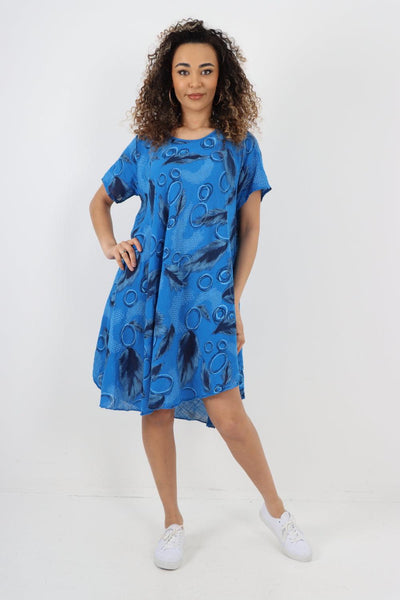 Feather Pattern Cotton Tunic Midi Dress - Lashra Fashion