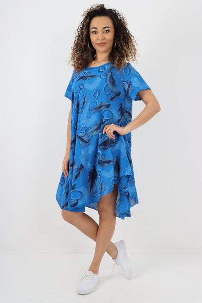 Feather Pattern Cotton Tunic Midi Dress - Lashra Fashion