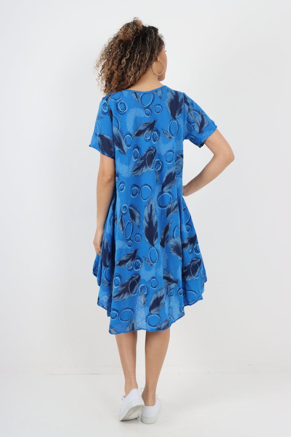 Feather Pattern Cotton Tunic Midi Dress - Lashra Fashion