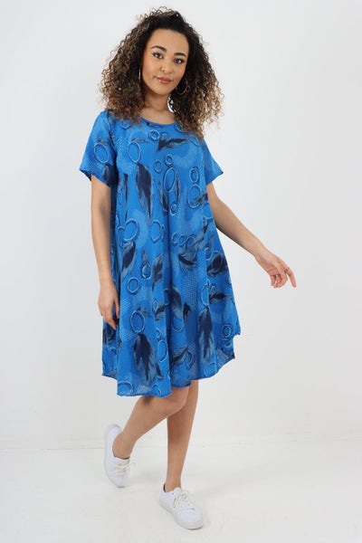 Feather Pattern Cotton Tunic Midi Dress - Lashra Fashion