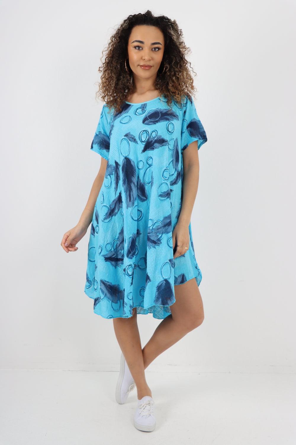 Feather Pattern Cotton Tunic Midi Dress - Lashra Fashion