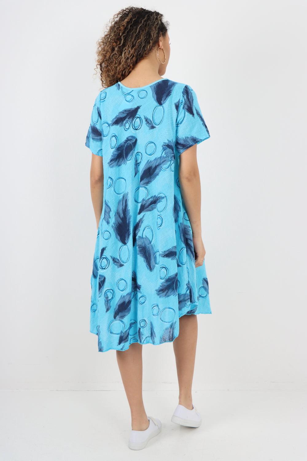 Feather Pattern Cotton Tunic Midi Dress - Lashra Fashion