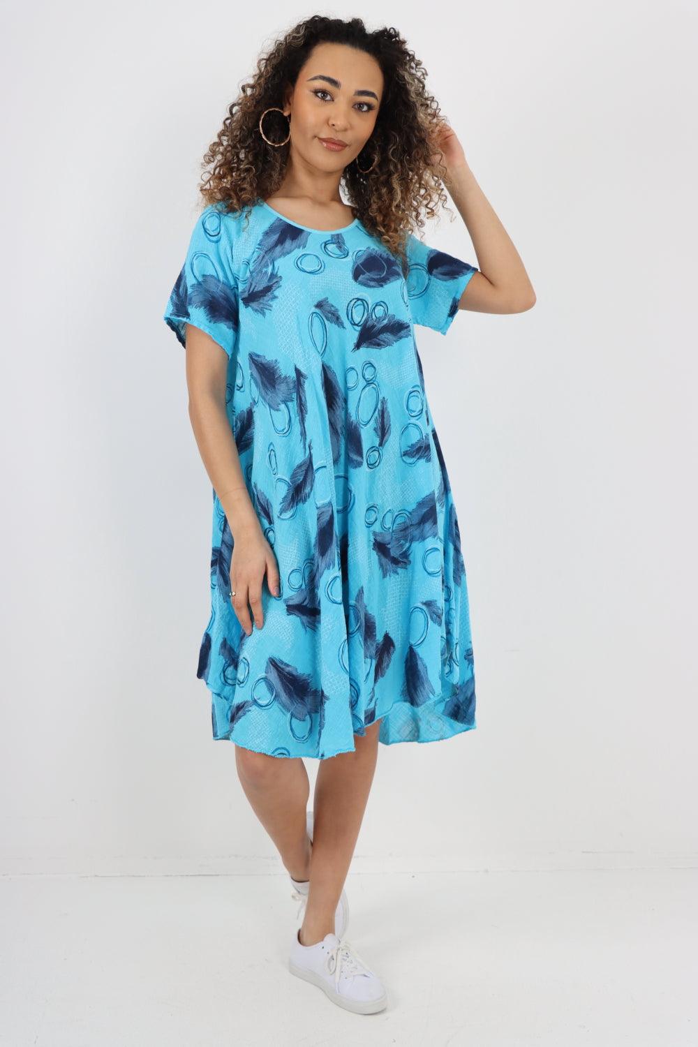 Feather Pattern Cotton Tunic Midi Dress - Lashra Fashion