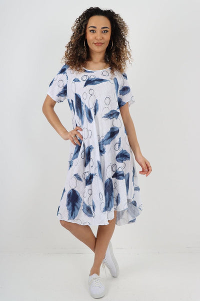 Feather Pattern Cotton Tunic Midi Dress - Lashra Fashion